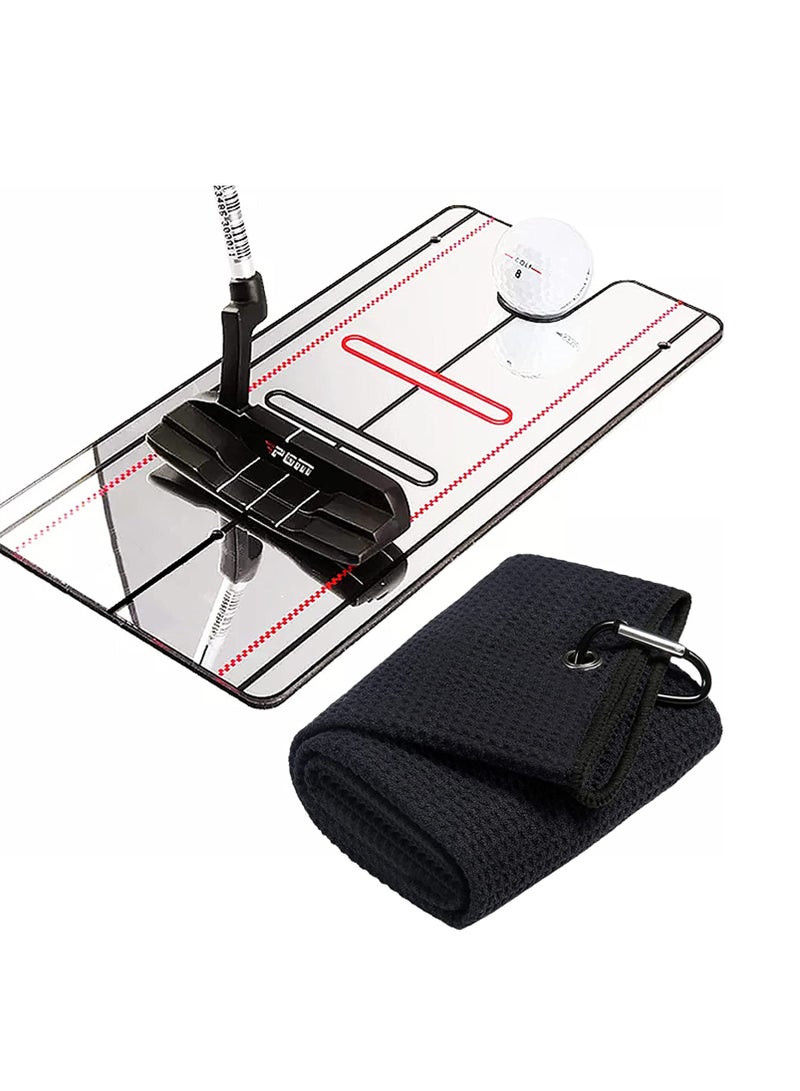 Portable Golf Putting Mirror with Alignment Lines, Professional Training Aid for Beginners, Includes Black Golf Towel for Practice