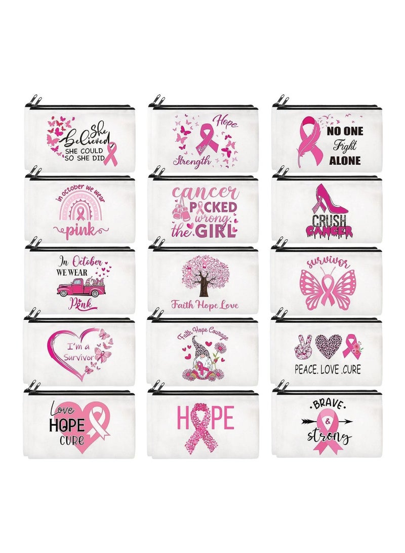 30 Pcs BreastCancer Awareness Cosmetic Bag Pink Ribbon Canvas Cosmetic Bags BreastCancer Survivor Gift for Women Zipper Bag for Charity Event Fundraising Campaign - 15 Styles