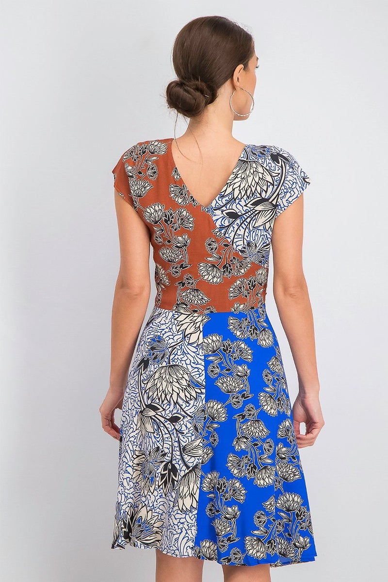 Women Printed Colorblock Dress, Blue and Brown