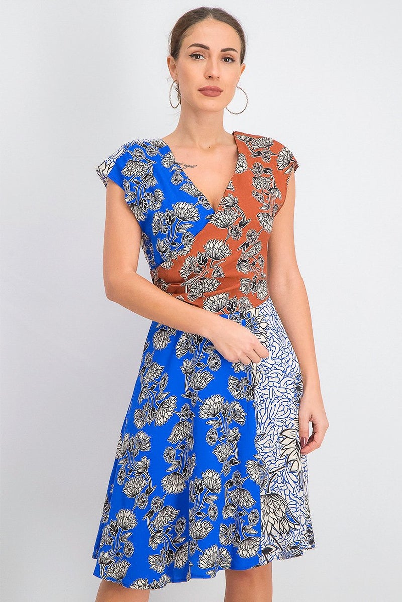 Women Printed Colorblock Dress, Blue and Brown