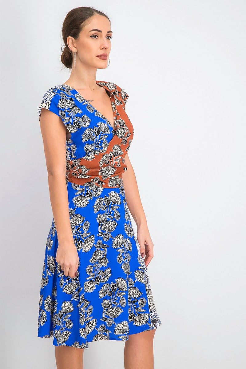 Women Printed Colorblock Dress, Blue and Brown