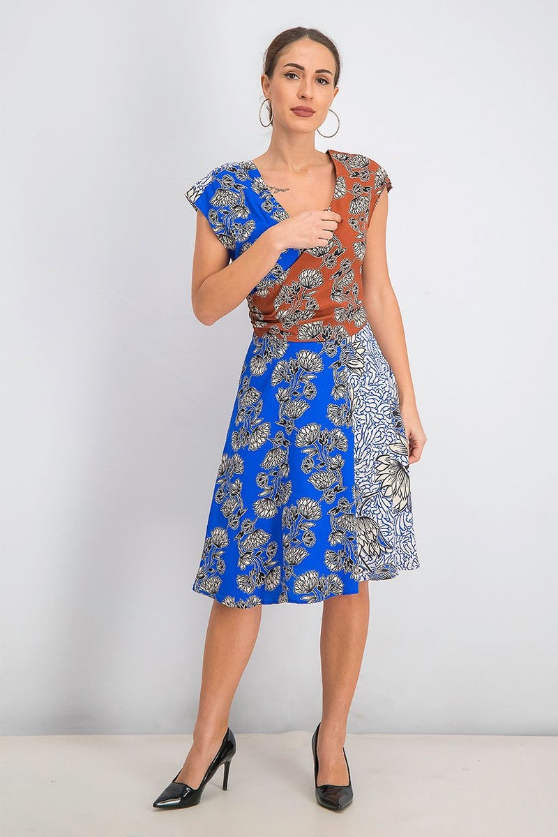 Women Printed Colorblock Dress, Blue and Brown