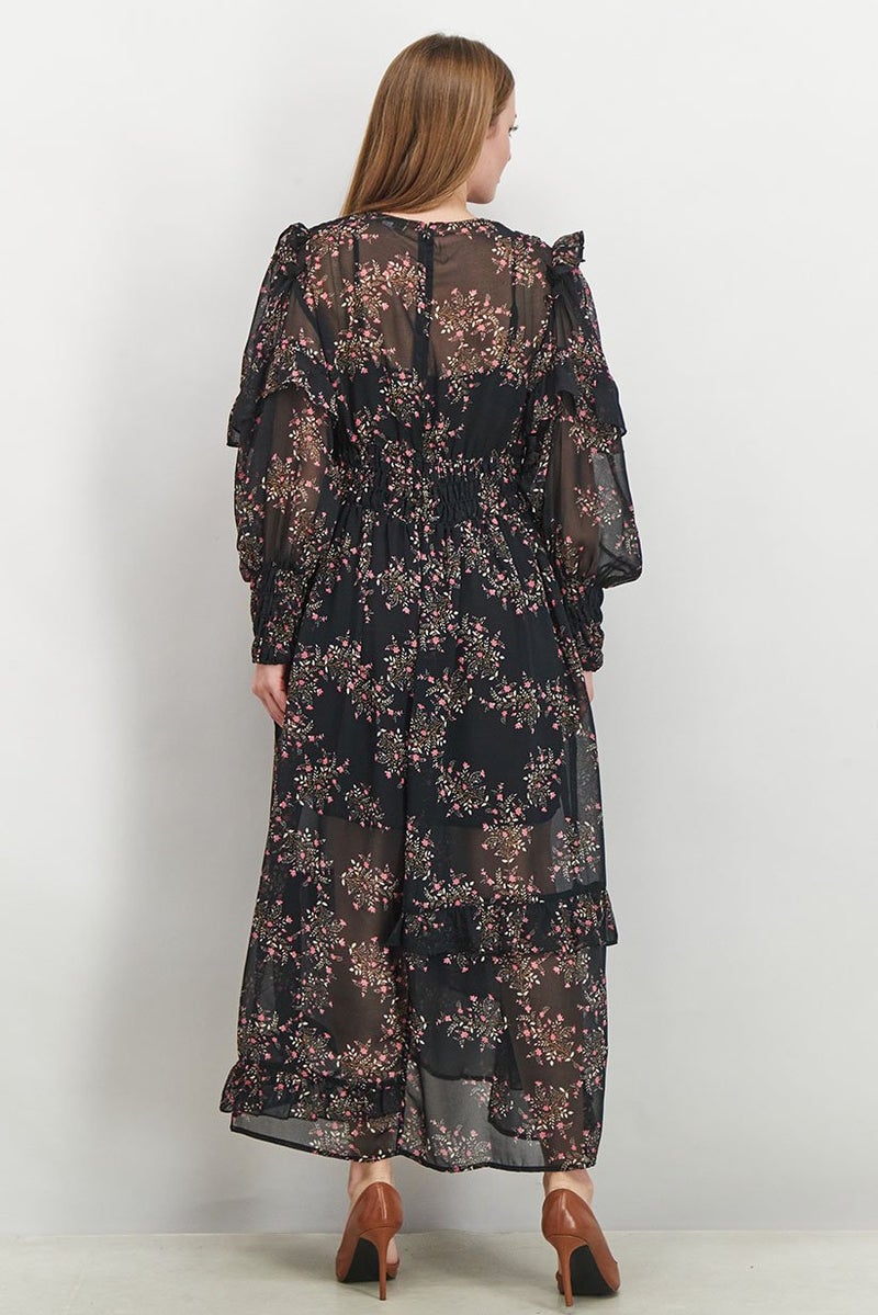 Women Floral Maxi Casual Dress, Black and Pink Combo