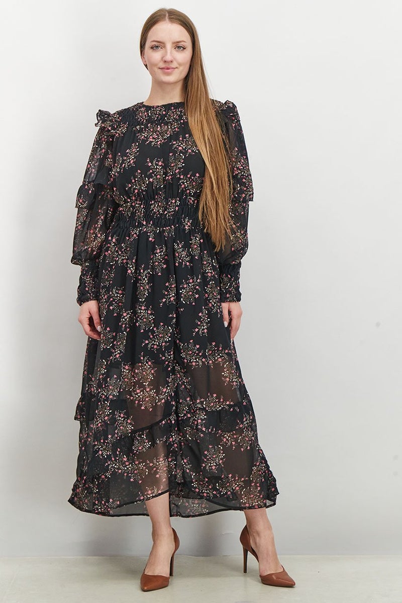 Women Floral Maxi Casual Dress, Black and Pink Combo