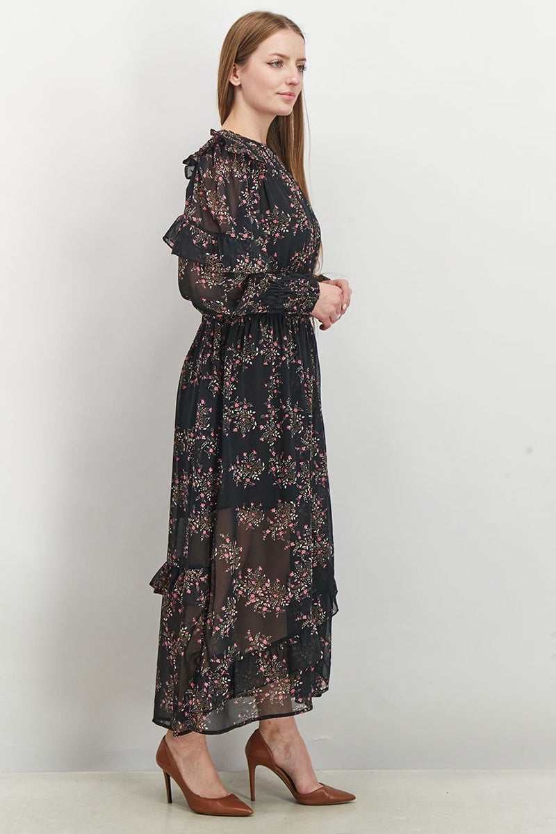 Women Floral Maxi Casual Dress, Black and Pink Combo