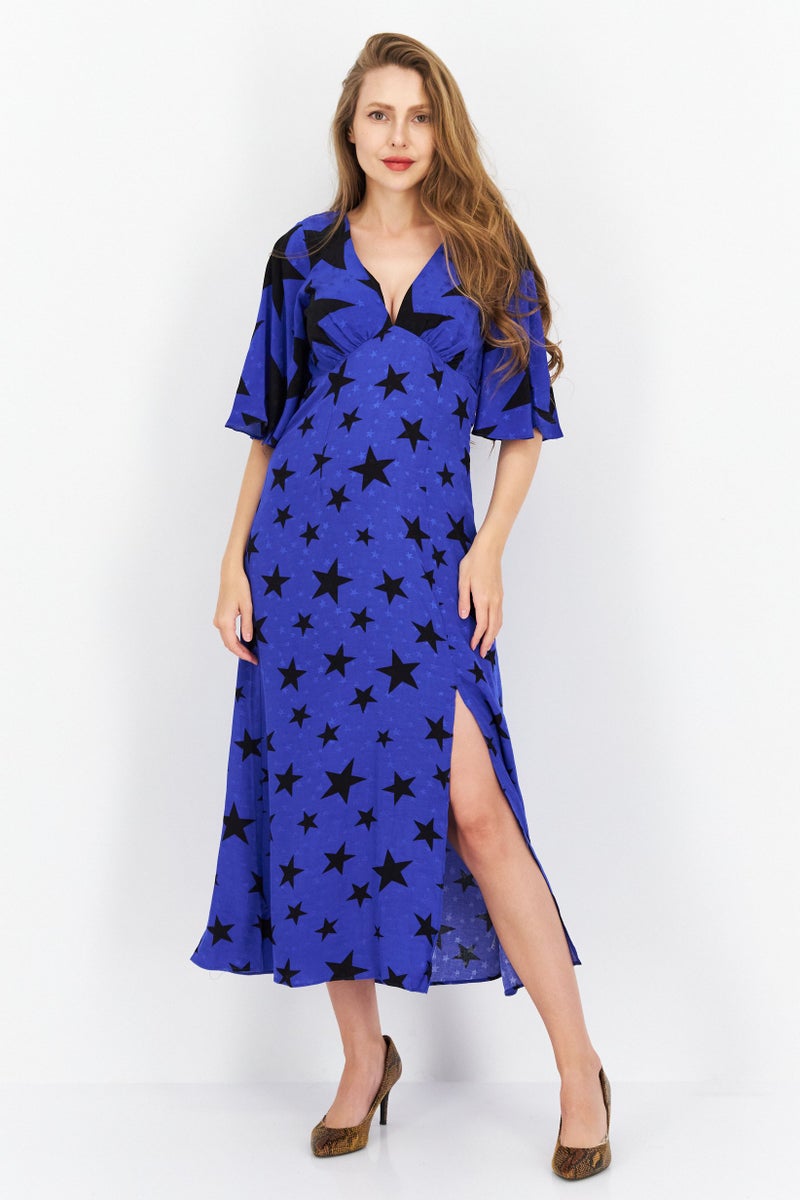 Women Allover Print Maxi Dress, Blue