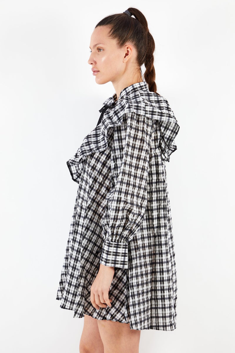 Women Ruffle Checked Mini Dress, White/Black