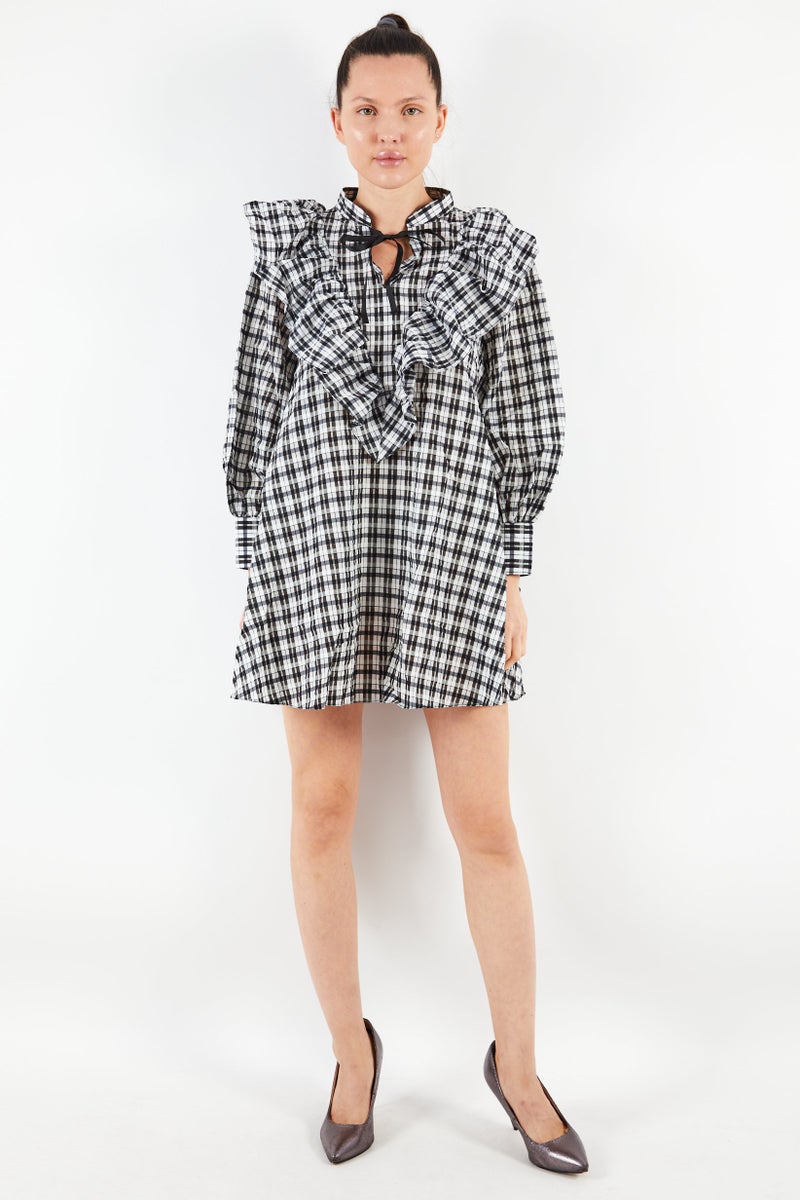 Women Ruffle Checked Mini Dress, White/Black