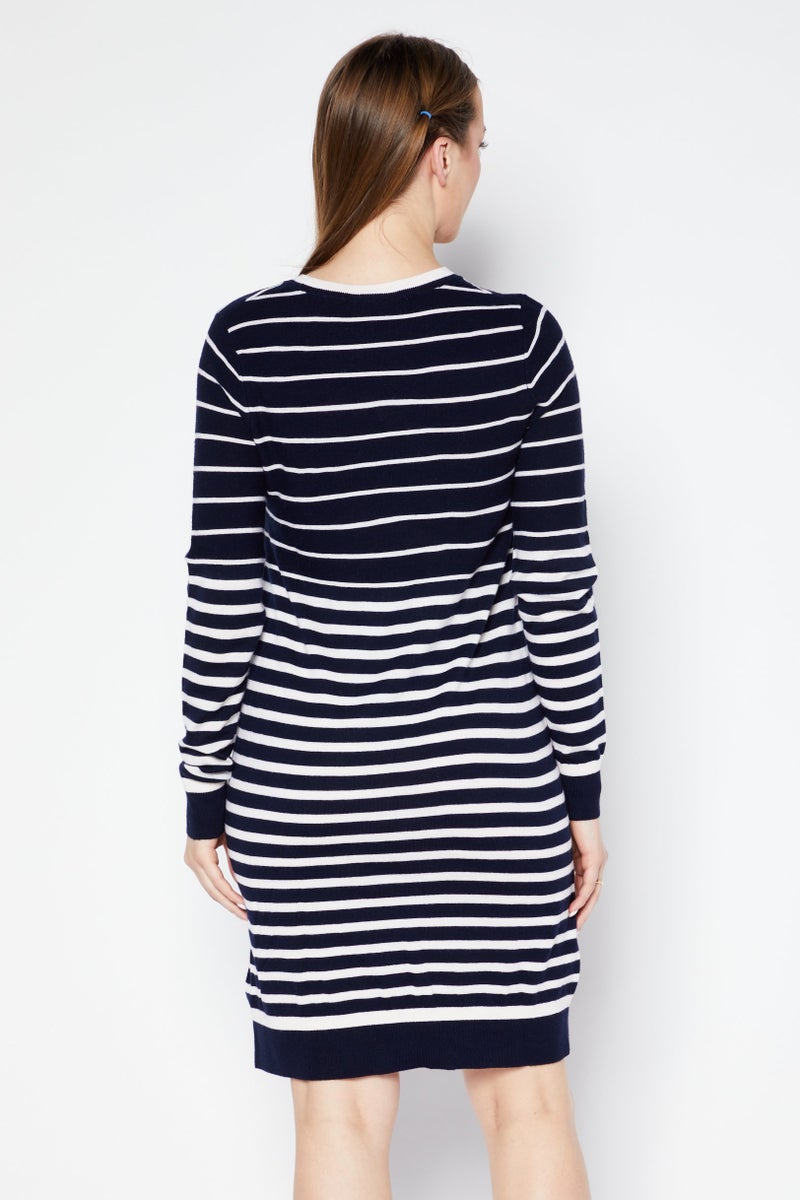 Women Crew Neck Stripe Sweater Dress, Navy Blue