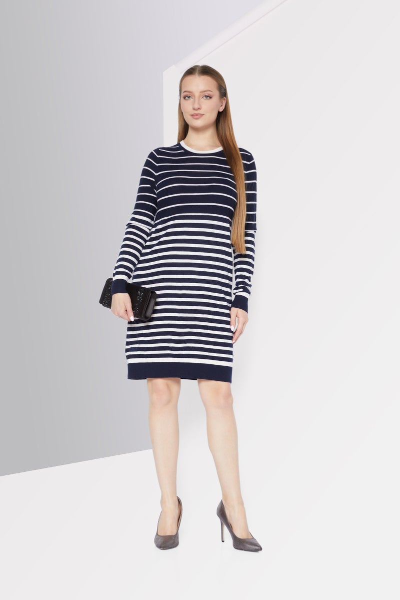 Women Crew Neck Stripe Sweater Dress, Navy Blue