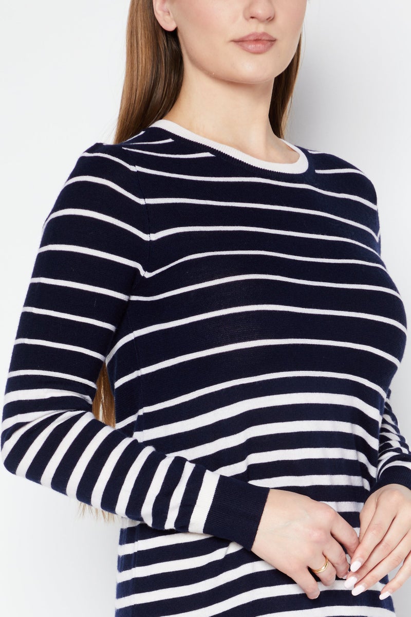 Women Crew Neck Stripe Sweater Dress, Navy Blue