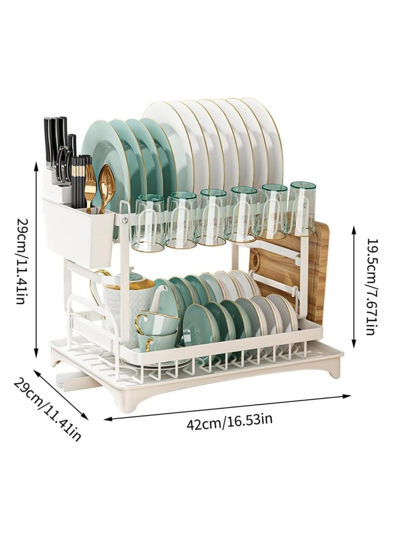 Dish Drying Rack Multifunctional Dish Rack Rustproof Kitchen Dish Drying Rack with Drainboard Space-Saving 2-Tier Dish Drying Rack with Utensil Holder & Cup Holder for Kitchen Counter （White）