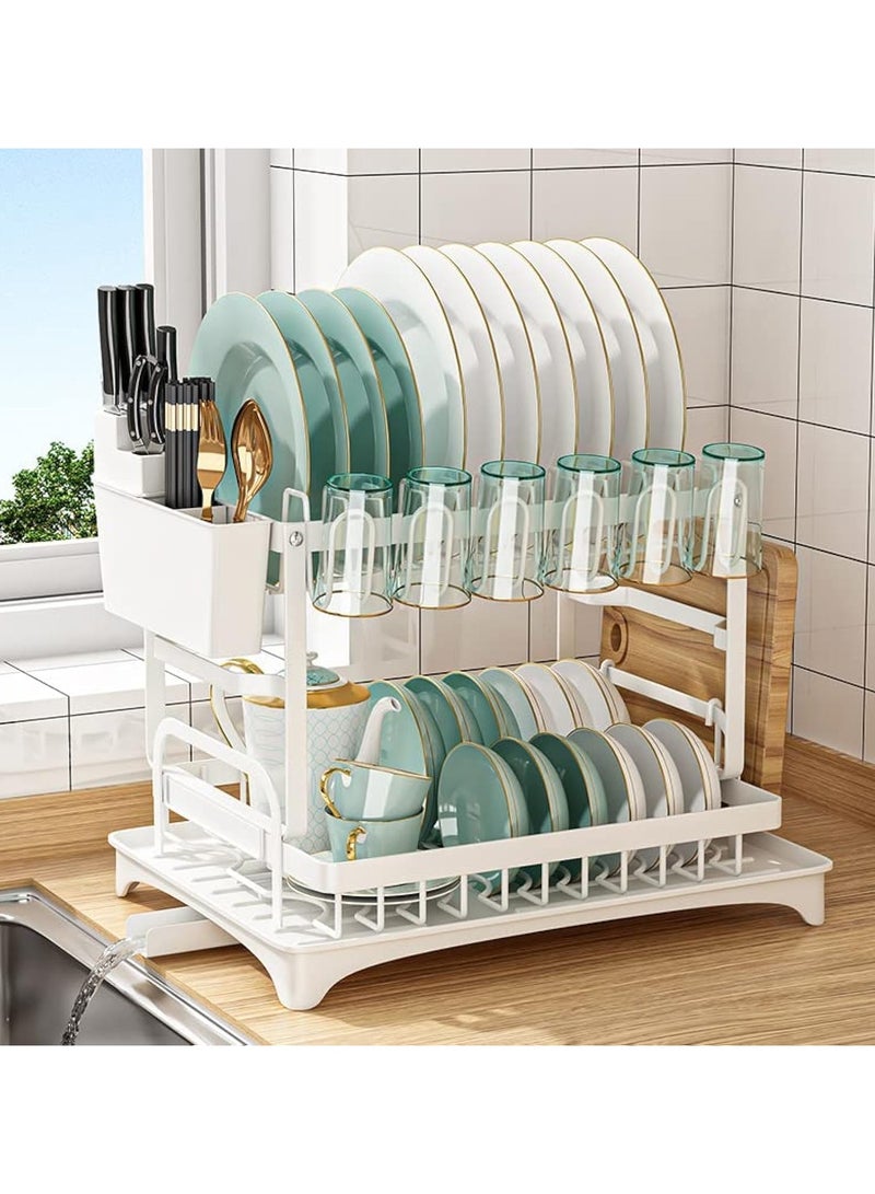 Dish Drying Rack Multifunctional Dish Rack Rustproof Kitchen Dish Drying Rack with Drainboard Space-Saving 2-Tier Dish Drying Rack with Utensil Holder & Cup Holder for Kitchen Counter （White）