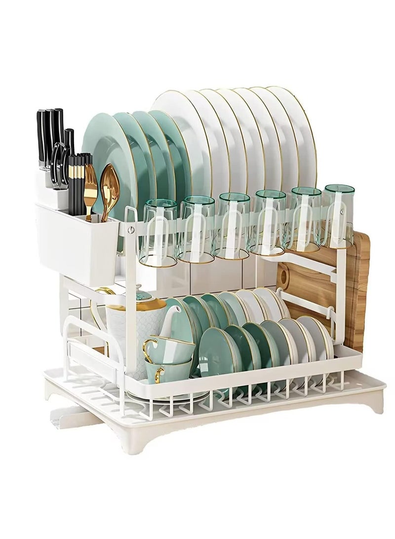 Dish Drying Rack Multifunctional Dish Rack Rustproof Kitchen Dish Drying Rack with Drainboard Space-Saving 2-Tier Dish Drying Rack with Utensil Holder & Cup Holder for Kitchen Counter （White）