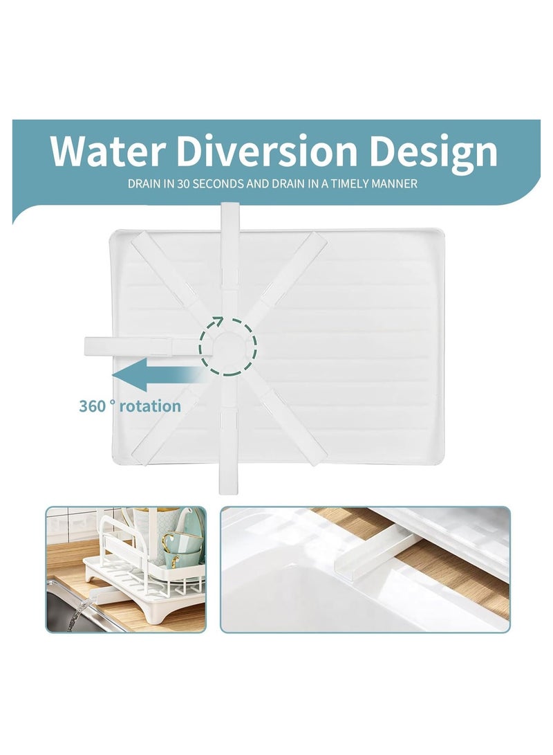 Dish Drying Rack Multifunctional Dish Rack Rustproof Kitchen Dish Drying Rack with Drainboard Space-Saving 2-Tier Dish Drying Rack with Utensil Holder & Cup Holder for Kitchen Counter （White）