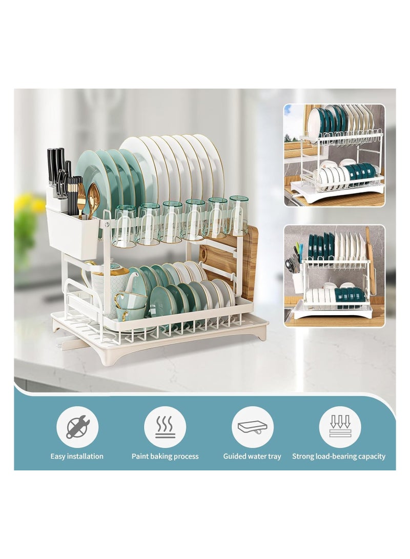 Dish Drying Rack Multifunctional Dish Rack Rustproof Kitchen Dish Drying Rack with Drainboard Space-Saving 2-Tier Dish Drying Rack with Utensil Holder & Cup Holder for Kitchen Counter （White）
