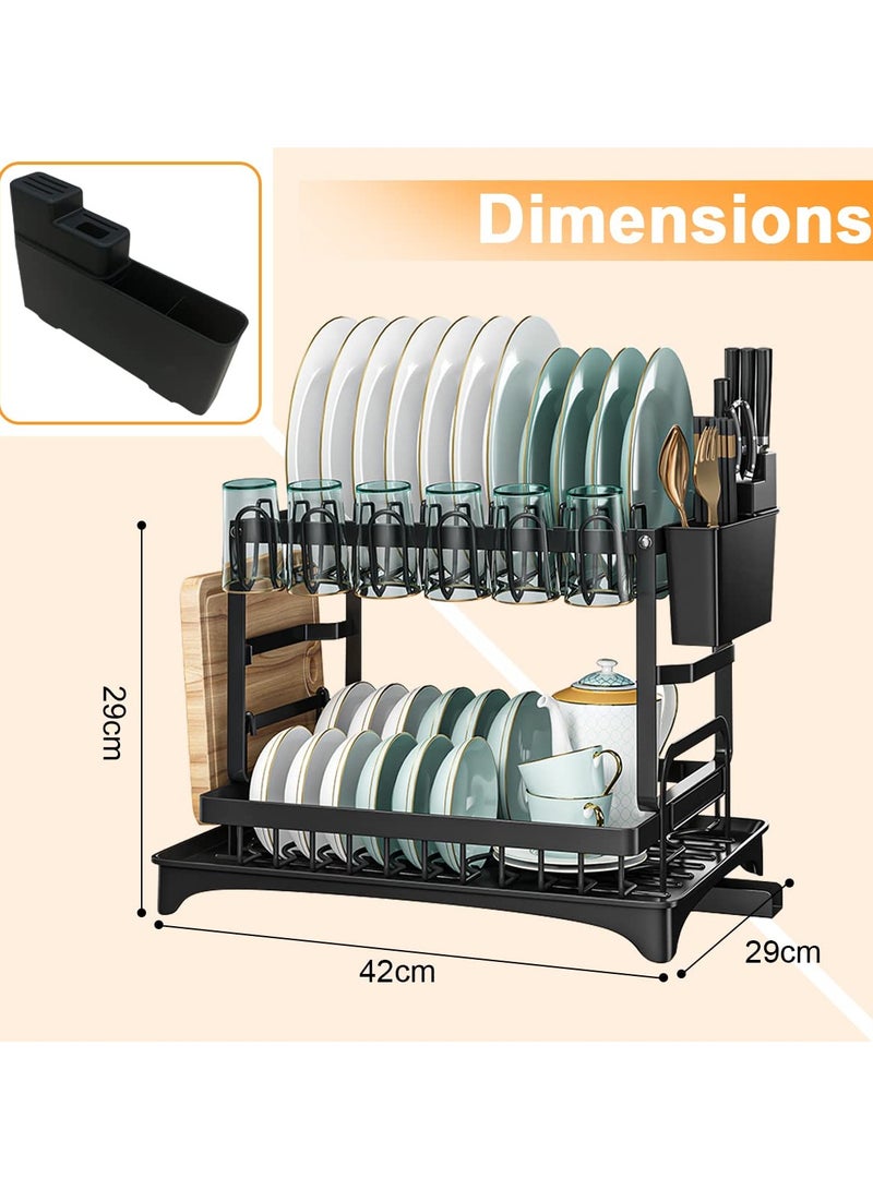 Dish Drying Rack Multifunctional Dish Rack Rustproof Kitchen Dish Drying Rack with Drainboard Space-Saving 2-Tier Dish Drying Rack with Utensil Holder & Cup Holder for Kitchen Counter （Black）