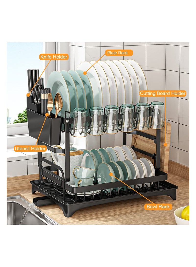 Dish Drying Rack Multifunctional Dish Rack Rustproof Kitchen Dish Drying Rack with Drainboard Space-Saving 2-Tier Dish Drying Rack with Utensil Holder & Cup Holder for Kitchen Counter （Black）