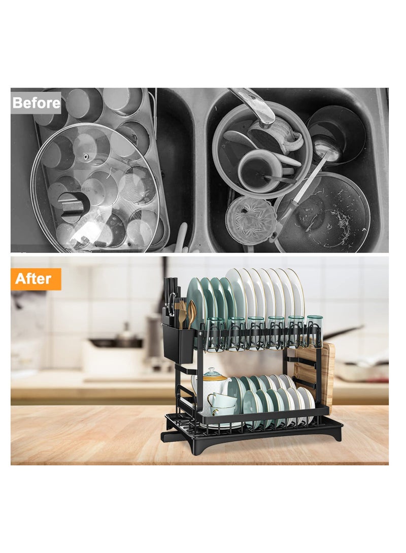 Dish Drying Rack Multifunctional Dish Rack Rustproof Kitchen Dish Drying Rack with Drainboard Space-Saving 2-Tier Dish Drying Rack with Utensil Holder & Cup Holder for Kitchen Counter （Black）