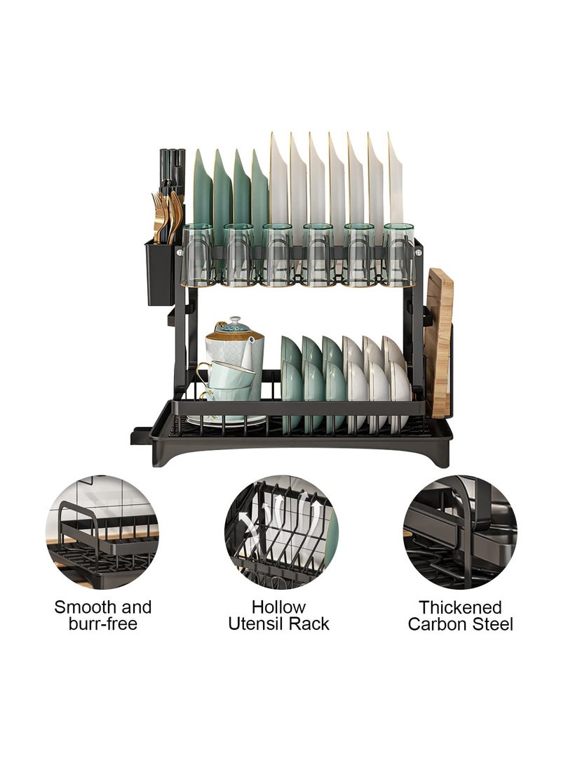 Dish Drying Rack Multifunctional Dish Rack Rustproof Kitchen Dish Drying Rack with Drainboard Space-Saving 2-Tier Dish Drying Rack with Utensil Holder & Cup Holder for Kitchen Counter （Black）