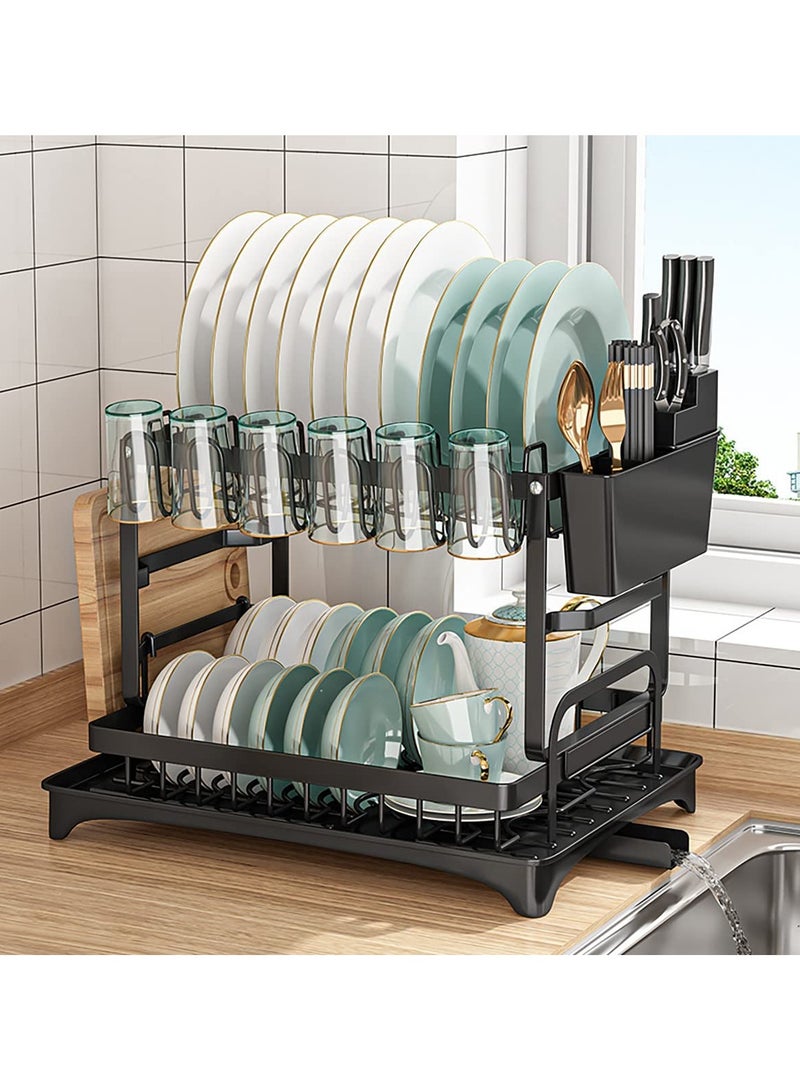 Dish Drying Rack Multifunctional Dish Rack Rustproof Kitchen Dish Drying Rack with Drainboard Space-Saving 2-Tier Dish Drying Rack with Utensil Holder & Cup Holder for Kitchen Counter （Black）
