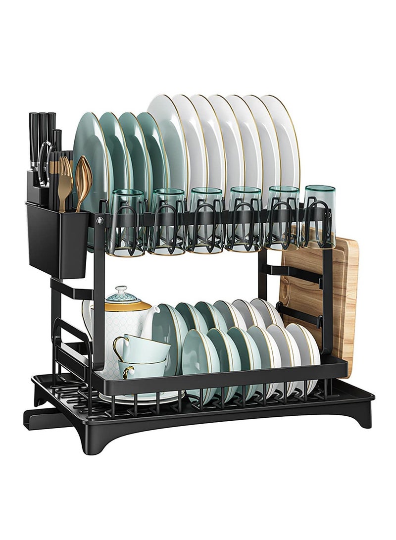 Dish Drying Rack Multifunctional Dish Rack Rustproof Kitchen Dish Drying Rack with Drainboard Space-Saving 2-Tier Dish Drying Rack with Utensil Holder & Cup Holder for Kitchen Counter （Black）