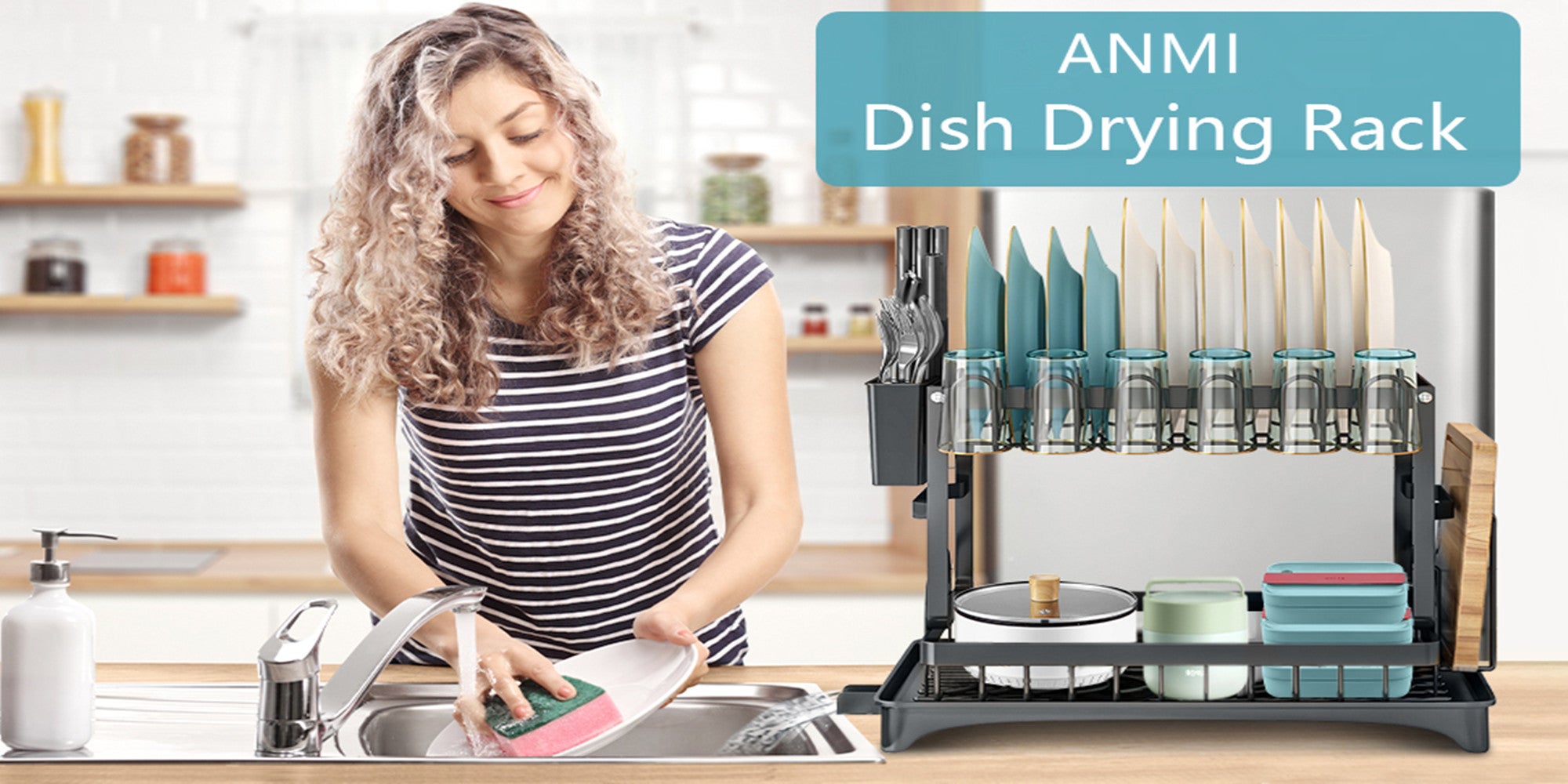 Dish Drying Rack Multifunctional Dish Rack Rustproof Kitchen Dish Drying Rack with Drainboard Space-Saving 2-Tier Dish Drying Rack with Utensil Holder & Cup Holder for Kitchen Counter （Black）