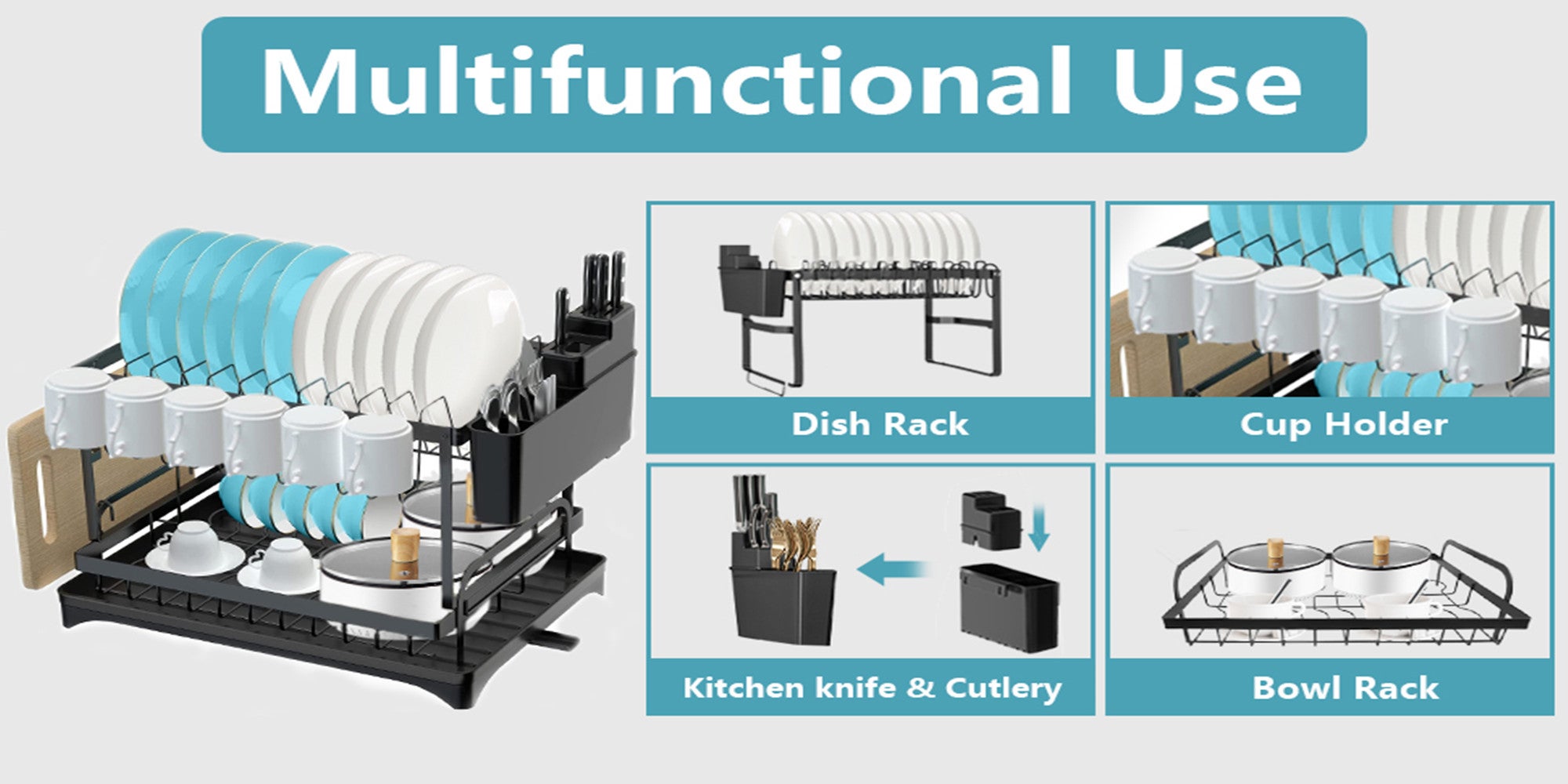 Dish Drying Rack Multifunctional Dish Rack Rustproof Kitchen Dish Drying Rack with Drainboard Space-Saving 2-Tier Dish Drying Rack with Utensil Holder & Cup Holder for Kitchen Counter （Black）