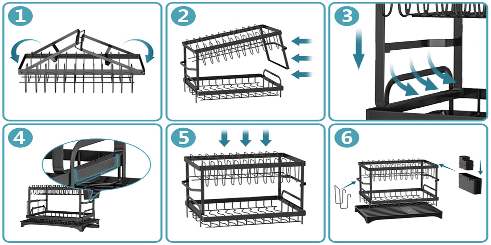 Dish Drying Rack Multifunctional Dish Rack Rustproof Kitchen Dish Drying Rack with Drainboard Space-Saving 2-Tier Dish Drying Rack with Utensil Holder & Cup Holder for Kitchen Counter （Black）