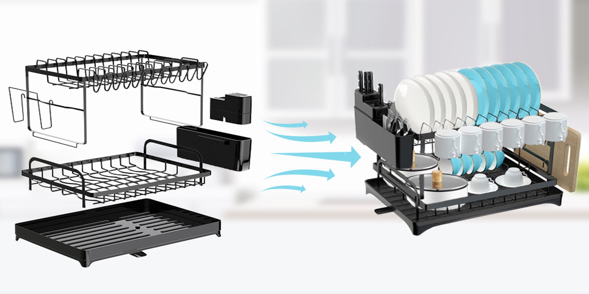 Dish Drying Rack Multifunctional Dish Rack Rustproof Kitchen Dish Drying Rack with Drainboard Space-Saving 2-Tier Dish Drying Rack with Utensil Holder & Cup Holder for Kitchen Counter （Black）