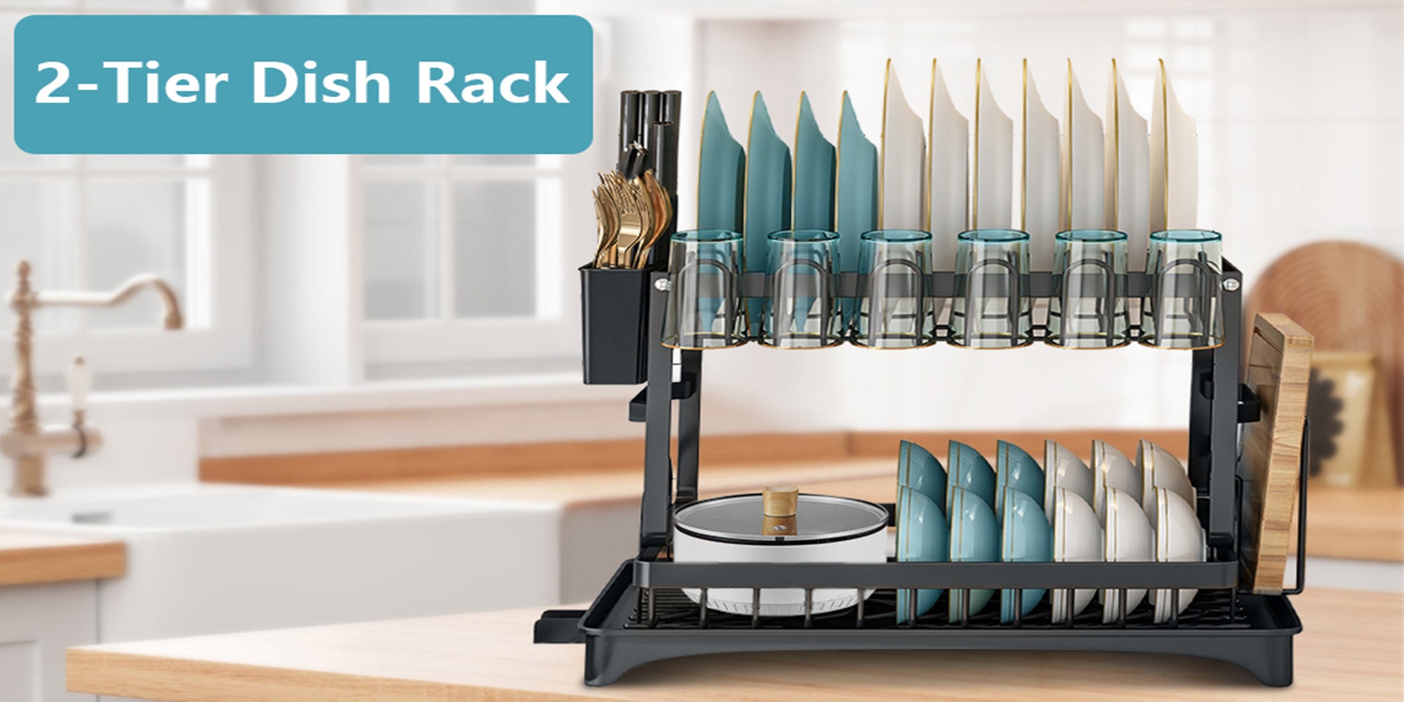 Dish Drying Rack Multifunctional Dish Rack Rustproof Kitchen Dish Drying Rack with Drainboard Space-Saving 2-Tier Dish Drying Rack with Utensil Holder & Cup Holder for Kitchen Counter （Black）