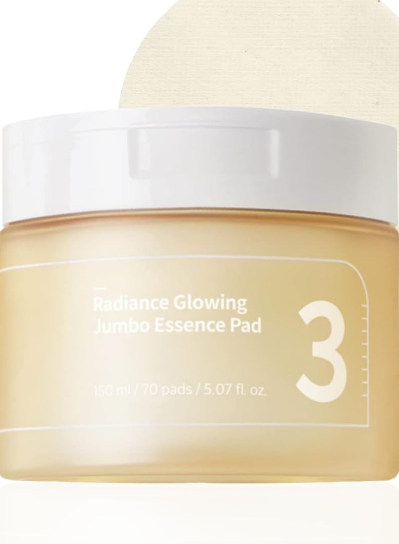 Numbuzin No.3 Radiance Glowing Jumbo Essence Pads - 70 Vegan, Unbleached, Biodegradable Pads with Niacinamide for Clear Glass Skin