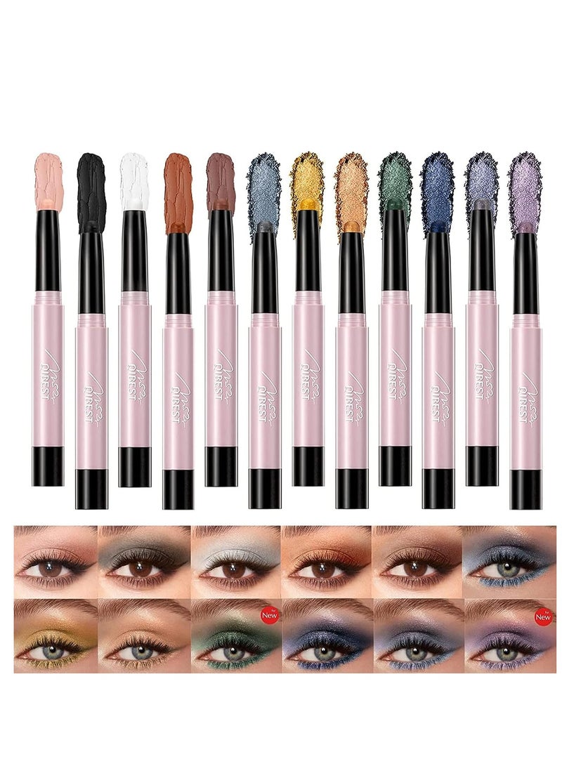 12-Color Waterproof Eyeshadow Stick Set - Matte, Glitter & Pearlescent Finish, Long-Lasting & Highly Pigmented Makeup Pencils for Women