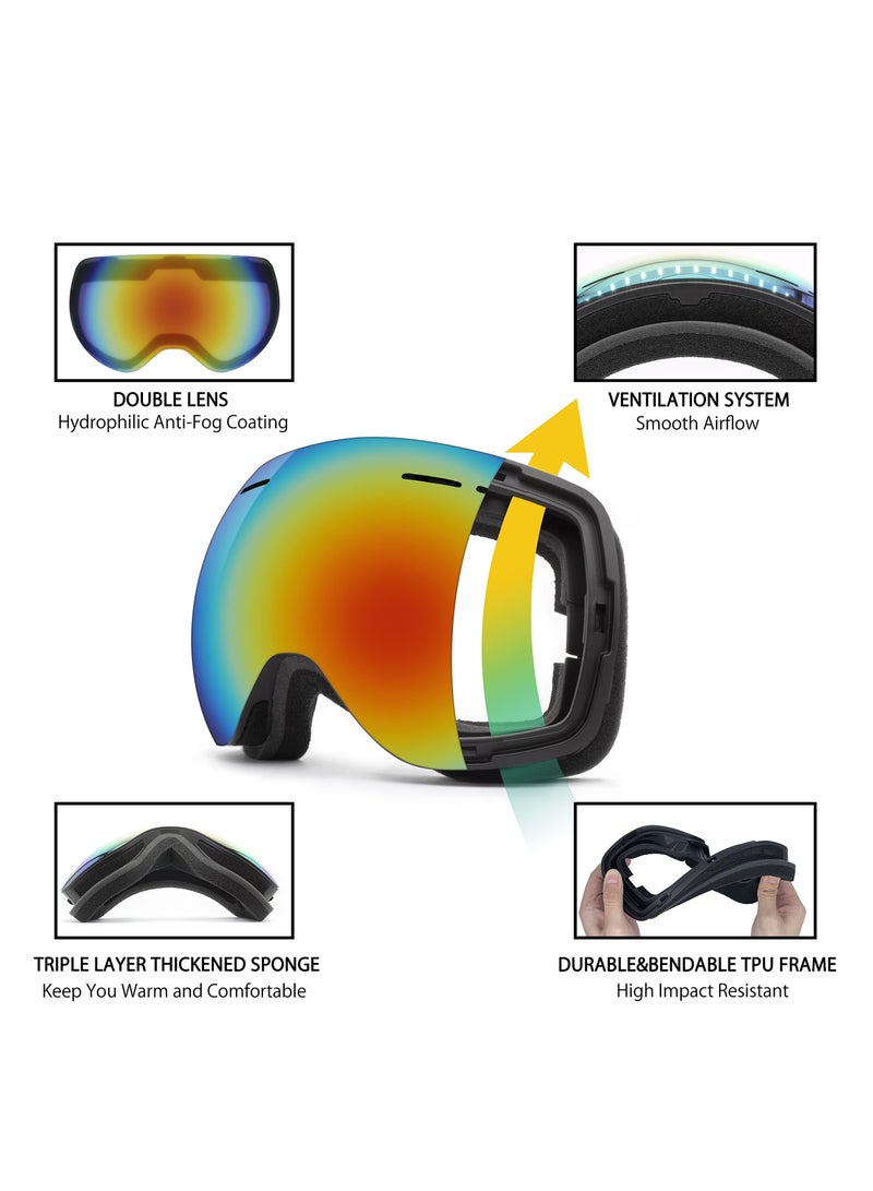 Premium Ski Goggles for Winter Sports, Frameless, Anti-Fog, Interchangeable Lenses, 100% UV Protection, Perfect for Snowboarding