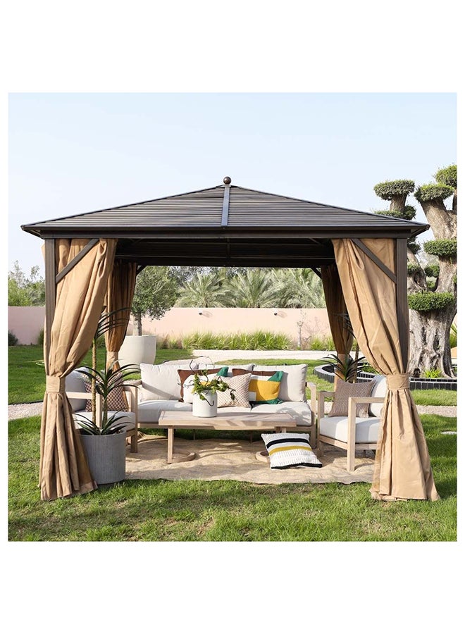 Marhaba Metal Gazebo Without Seating Steel Frame Galvanized Metal Roof With Curtain Weather Resistant Garden Canopy With Mosquito Net Modern Design Outdoor Furniture 3X3 M Beige