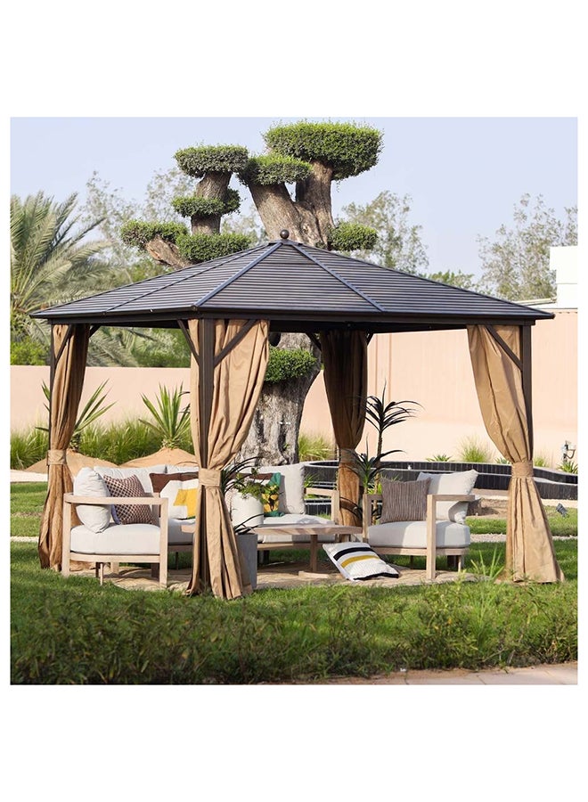 Marhaba Metal Gazebo Without Seating Steel Frame Galvanized Metal Roof With Curtain Weather Resistant Garden Canopy With Mosquito Net Modern Design Outdoor Furniture 3X3 M Beige