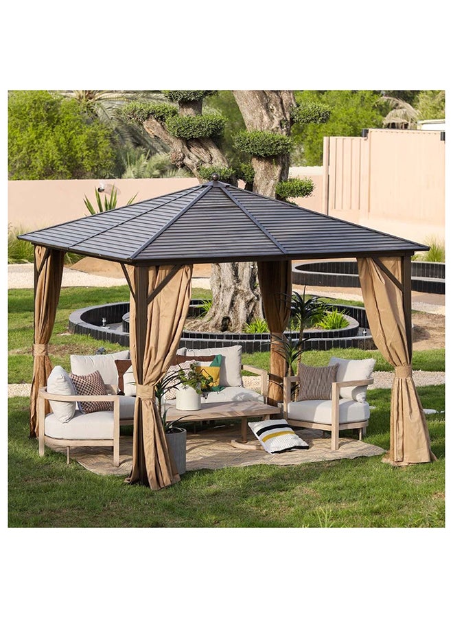 Marhaba Metal Gazebo Without Seating Steel Frame Galvanized Metal Roof With Curtain Weather Resistant Garden Canopy With Mosquito Net Modern Design Outdoor Furniture 3X3 M Beige