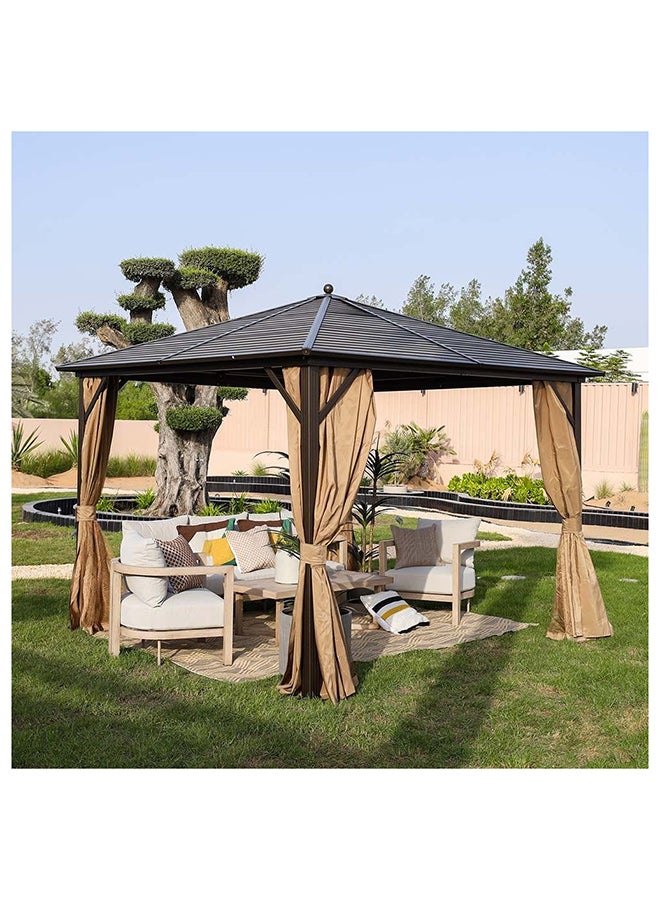 Marhaba Metal Gazebo Without Seating Steel Frame Galvanized Metal Roof With Curtain Weather Resistant Garden Canopy With Mosquito Net Modern Design Outdoor Furniture 3X3 M Beige