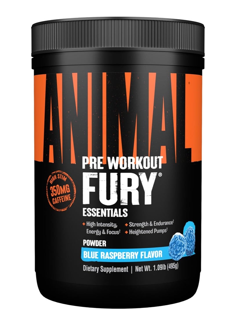 Animal Fury - Pre Workout Powder, Energy and Focus Supplement with 5g BCAA, 350 mg Caffeine, Beta-Alanine, Nitric Oxide Booster, Blue Raspberry Flavor, 30 Servings
