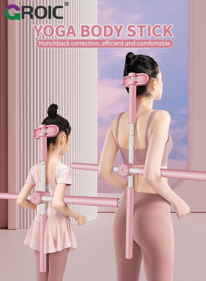 Yoga Sticks Posture Corrector, Back Straightener Posture Corrector with Head Rest and Retractable, Back Brace Scoliosis and Hunchback Correction, Yoga Stick Stretching Tool for Adult and Child - Pink