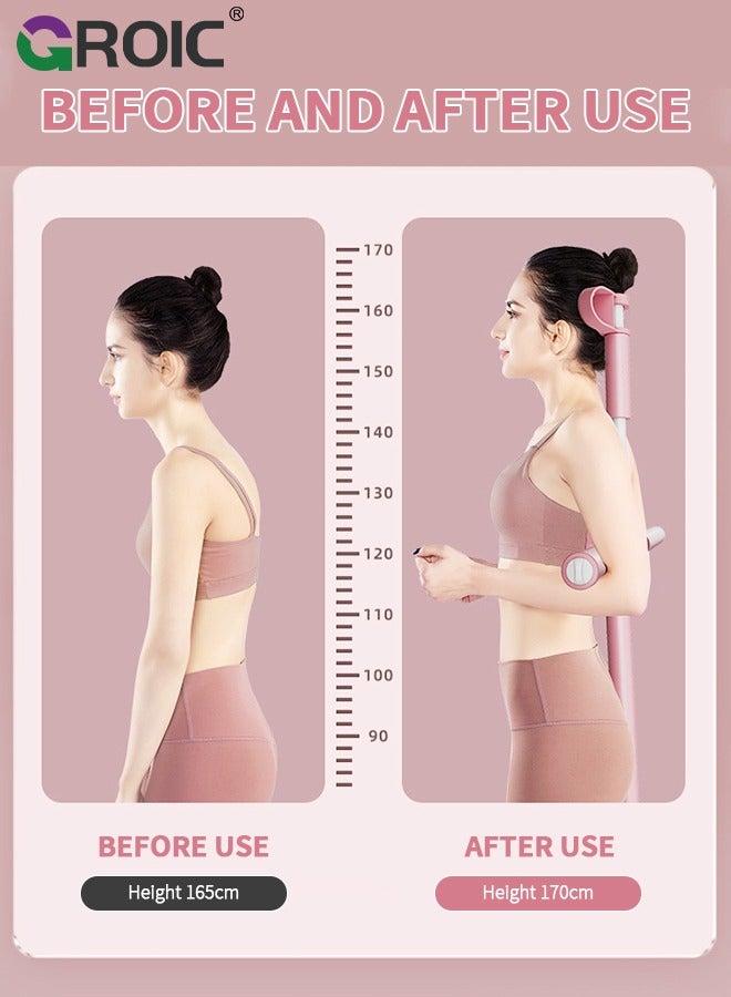 Yoga Sticks Posture Corrector, Back Straightener Posture Corrector with Head Rest and Retractable, Back Brace Scoliosis and Hunchback Correction, Yoga Stick Stretching Tool for Adult and Child - Pink