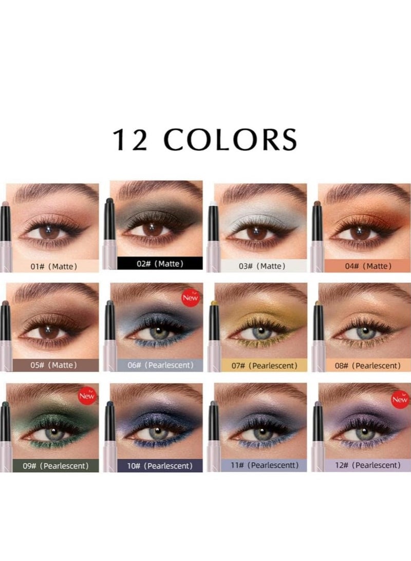 12-Color Waterproof Eyeshadow Stick Set - Matte, Glitter & Pearlescent Finish, Long-Lasting & Highly Pigmented Makeup Pencils for Women