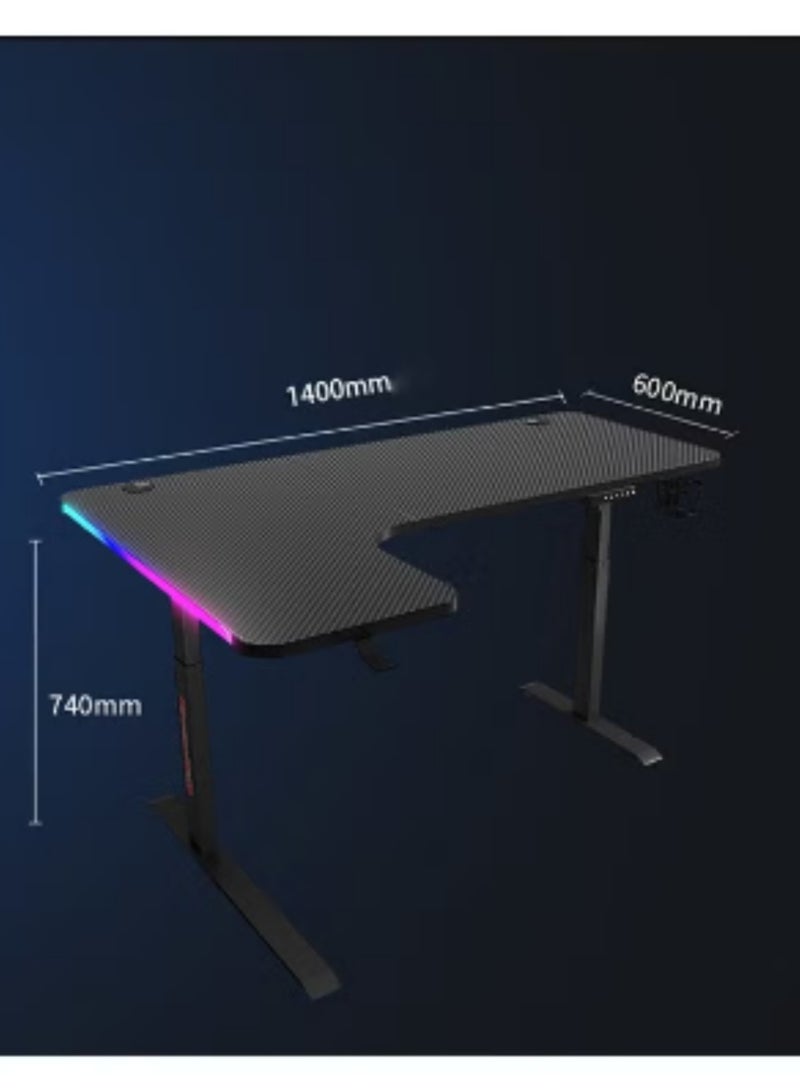 Multifunctional Adjustable Height Gaming Desk with RGB LED Lights, Wireless Remote, Handle Rack, Cup Holder and Headphone Hook 140 CM