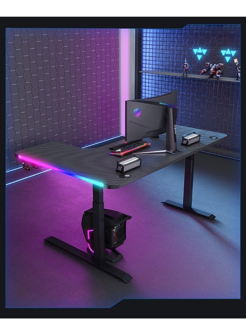 Multifunctional Adjustable Height Gaming Desk with RGB LED Lights, Wireless Remote, Handle Rack, Cup Holder and Headphone Hook 140 CM