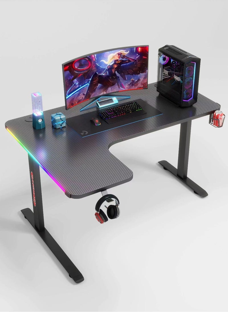 Multifunctional Adjustable Height Gaming Desk with RGB LED Lights, Wireless Remote, Handle Rack, Cup Holder and Headphone Hook 140 CM