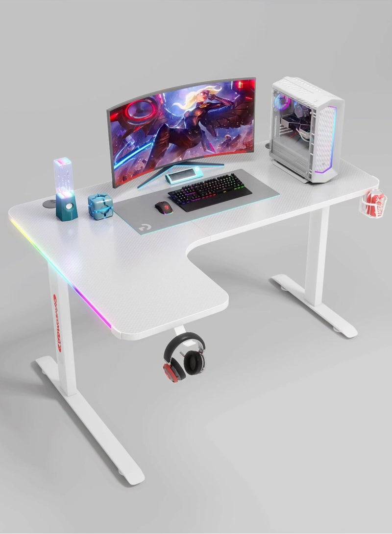 Multifunctional Adjustable Height Gaming Desk with RGB LED Lights, Wireless Remote, Handle Rack, Cup Holder and Headphone Hook 140 CM White