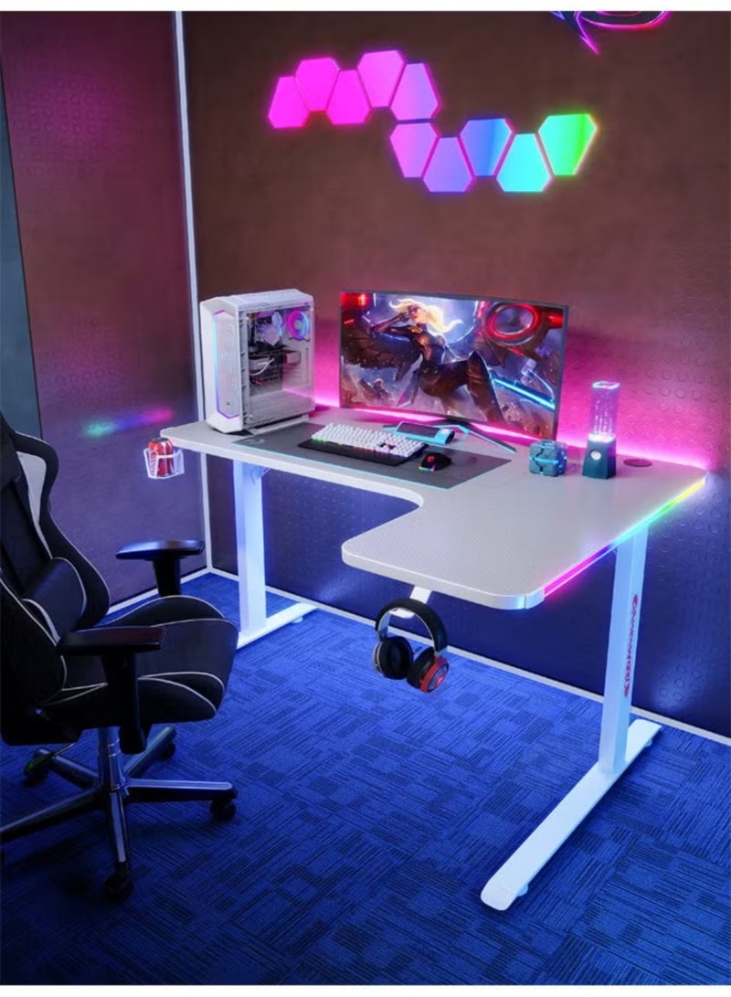 Multifunctional Adjustable Height Gaming Desk with RGB LED Lights, Wireless Remote, Handle Rack, Cup Holder and Headphone Hook 140 CM White