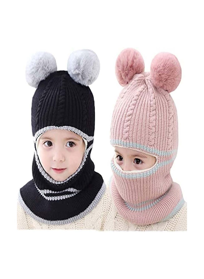 Kids Winter Hat Set, 2-Piece Fleece Lined Beanie with Double Pom Pom Ears, Cozy Cable Knit Cap for Toddlers, Perfect for Cold Weather, Ideal for Ages 1-6, Boys and Girls Winter Accessories