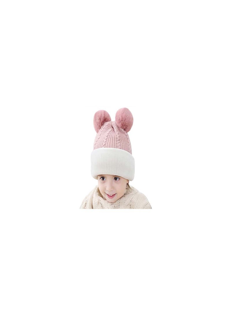 Kids Winter Hat Set, 2-Piece Fleece Lined Beanie with Double Pom Pom Ears, Cozy Cable Knit Cap for Toddlers, Perfect for Cold Weather, Ideal for Ages 1-6, Boys and Girls Winter Accessories