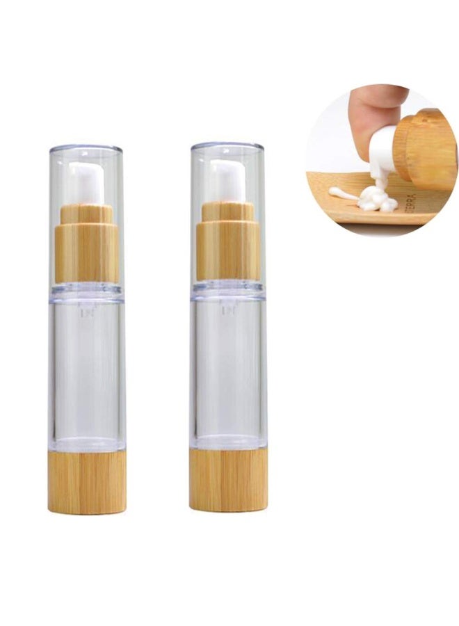 2Pcs 100ml 3.4oz Empty Plastic Airless Vacuum Pump Press Bottles Lotion Dispenser with Eco Bamboo Lid and Bottom Travel Makeup Cosmetic Containers Jar Vials For Emulsion Essence Serum